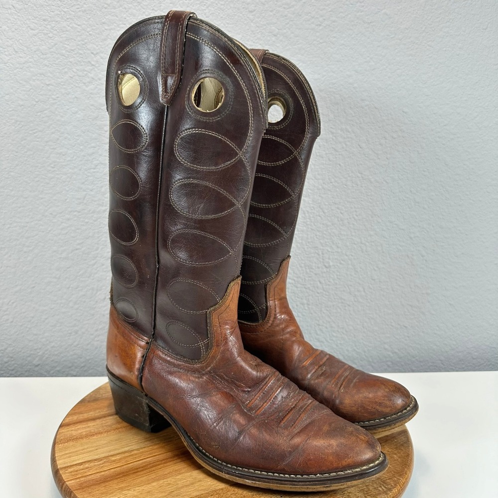 VTG Acme Western Cowboy Boots Brown Pull On Men's 9 D USA Round Toe Rodeo 2 Tone